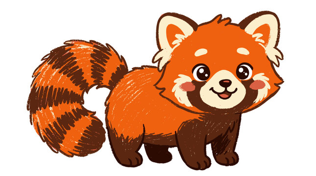 Happy red panda standing with striped bushy tail in cute hand drawn sketch vector design