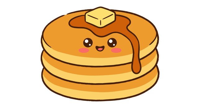Stack of delicious pancakes with syrup and butter kawaii character for breakfast menu