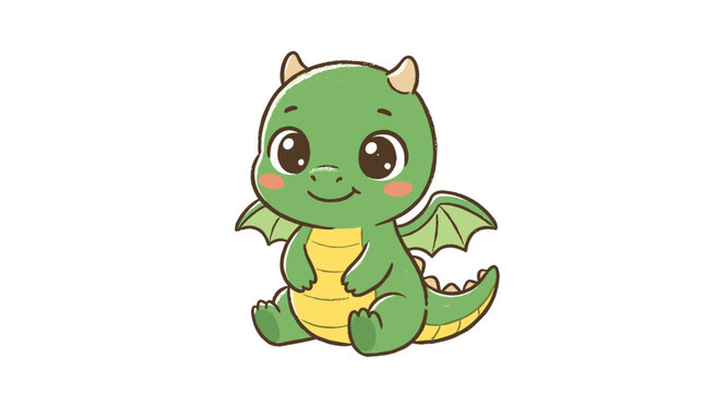 Cute baby green dragon character with small wings sitting isolated on white background art