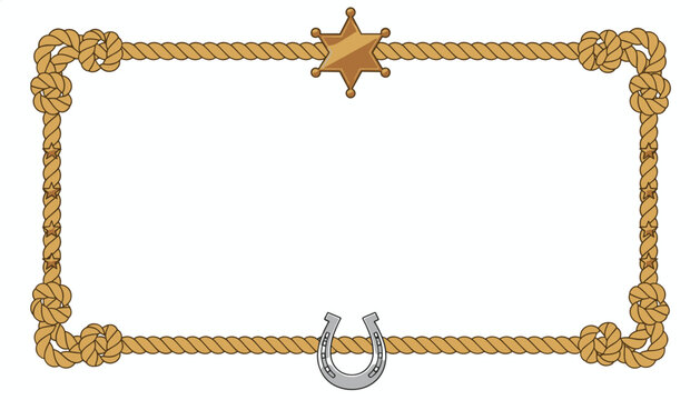 Western cowboy rope frame with golden sheriff badge star and metal horseshoe