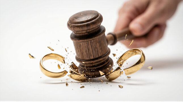 Judge gavel smashing golden wedding rings into pieces, divorce and legal separation family law concept illustration