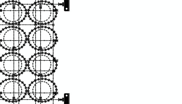 Perimeter security concertina razor barbed wire fence silhouette with copy space