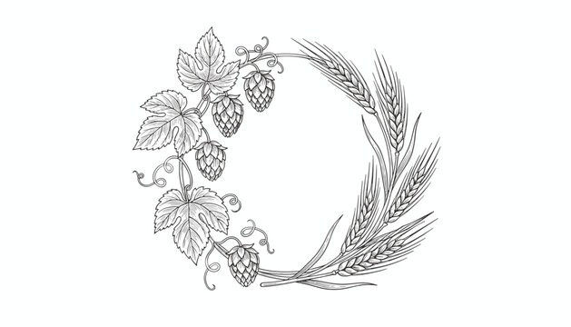 Round wreath frame composed of hop cones and wheat ears in vintage engraving style