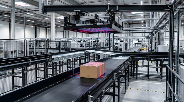 Automated conveyor belt system uses advanced red laser scanners to accurately sort cardboard shipping boxes inside a modern distribution warehouse facility