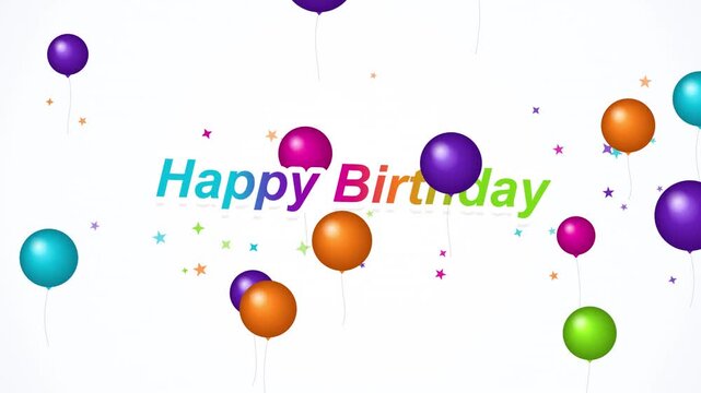 Colorful animated balloons floating with happy birthday text in festive