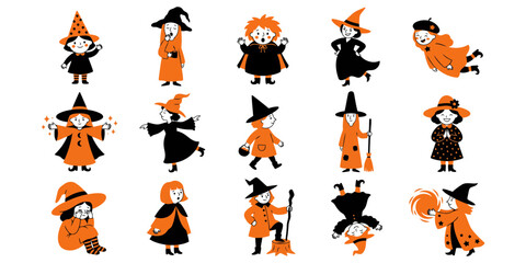 Fototapeta premium Set of cute hand drawn witch characters in orange and black for halloween celebration and holiday design projects
