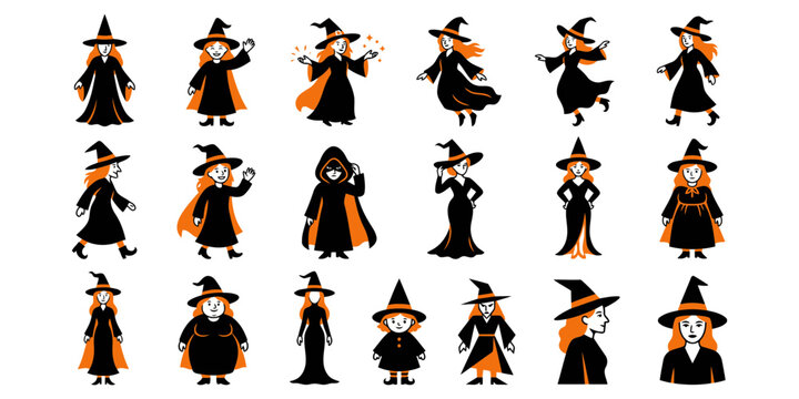 Collection of various cartoon witch characters in different poses wearing black and orange halloween costumes and hats