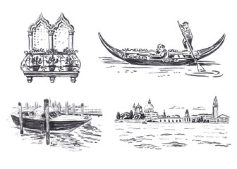 Hand drawn charcoal sketch set of iconic Venice elements, isolated on white background. Black vintage illustrations of gondola, motorboat, skyline and balcony for postcard, logo, print © Mariia