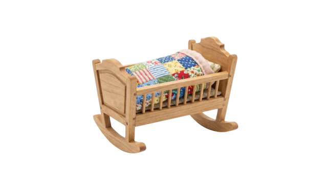 Wooden rocking cradle with colorful patchwork quilt and pink trim PNG Isolated on transparent background