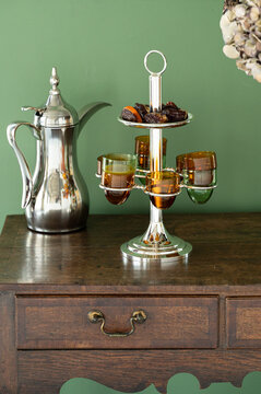 Arabic coffee pot and tray with dates