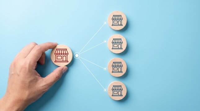 Hand holding wooden block representing business expansion strategy connecting multiple retail store locations
