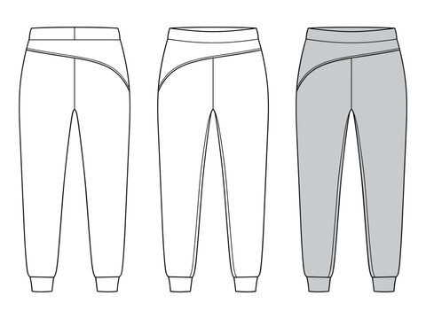 Crossover Waistband Jogger Pants technical drawing template. High waist Sweat Pants fashion Illustration, front and back view, white and grey, women, men, unisex CAD mockup set.
