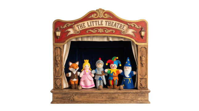 Felt Puppet Show Stage with Characters Including Fox Princess Knight Jester and Wizard PNG Isolated on transparent background