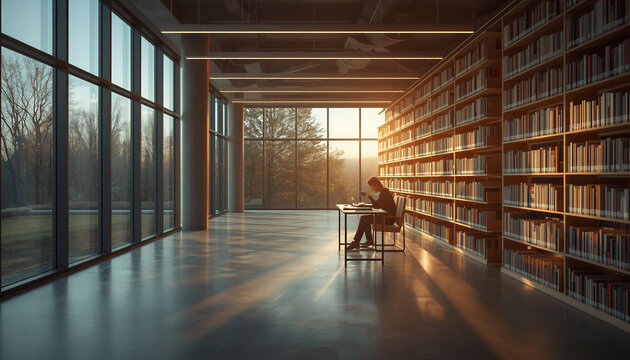 Solitary reader studying in a modern library with floor-to-ceiling bookshelves and warm sunset light streaming through large windows