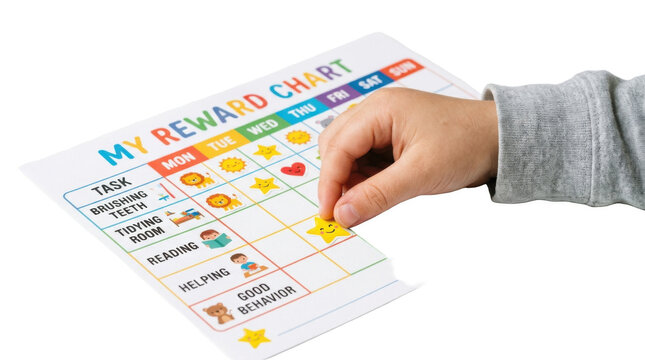 Child placing a sticker on a reward chart for good behavior and tasks PNG Isolated on transparent background