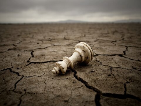 Fallen white chess piece on dry cracked desert ground under gloomy sky
