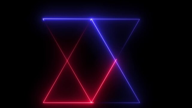 Neon geometric triangle animation: pulsing red and blue glowing light lines on black background