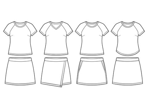 Women's Raglan Tee and Tennis Skirt Flat Sketch Vector Illustration Womens Sportswear Set Technical CAD Drawing Template with Multiple Neckline and Skirt Variations