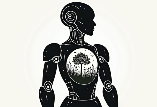 Robot with tree inside chest symbolizing nature within technology