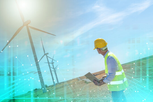Engineer using laptop for wind turbine inspection; multiple exposure