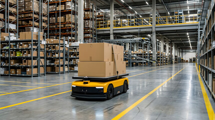 Autonomous mobile robot carrying large cardboard boxes through a modern industrial warehouse with tall storage racks and yellow floor markings