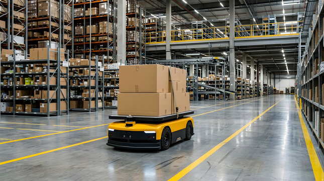Autonomous mobile robot carrying large cardboard boxes through a modern industrial warehouse with tall storage racks and yellow floor markings
