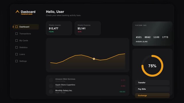 Digital Banking Dashboard Interface Displaying Financial Data and Analytics