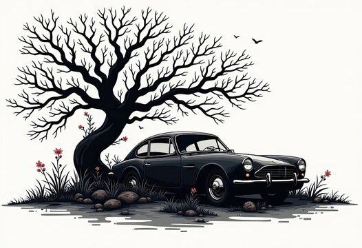 Black vintage car parked under leafless tree with birds flying above