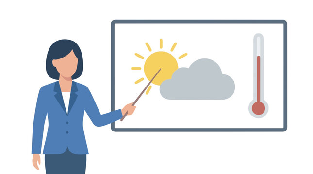 Professional meteorologist using a pointer to present weather forecasts with sun and cloud symbols on a clean white vector background