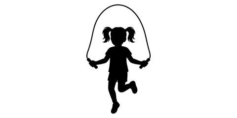 Black silhouette of a little girl with pigtails jumping rope on a white background