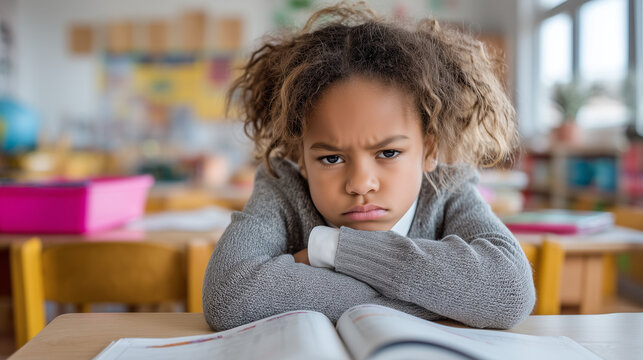 Frustrated schoolgirl sitting with crossed arms over an open book, showing anger, boredom and emotional resistance to studying in a classroom environment.
