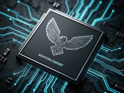 High tech aviation chipset with eagle circuitry icon on electronic circuit board