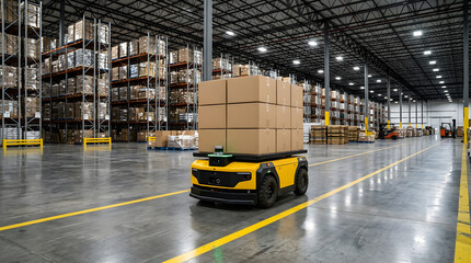 Naklejka premium Autonomous industrial robot carrying a tall stack of cardboard boxes through a massive modern warehouse facility with bright overhead lighting