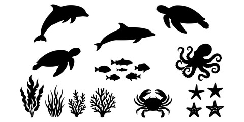 Black silhouettes of marine life, sea creatures, and aquatic plants on white background © Md Ziaul