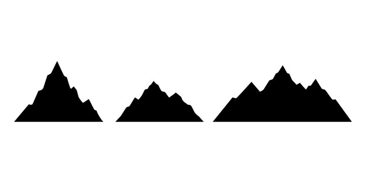 Black silhouette set of three distinct mountain ranges on a white background peak