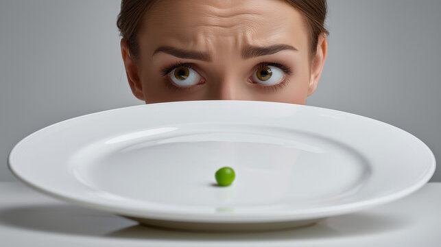 Woman looking anxiously over a nearly empty white plate with a single green pea, symbolizing restrictive dieting, hunger, calorie control and food-related challenges.