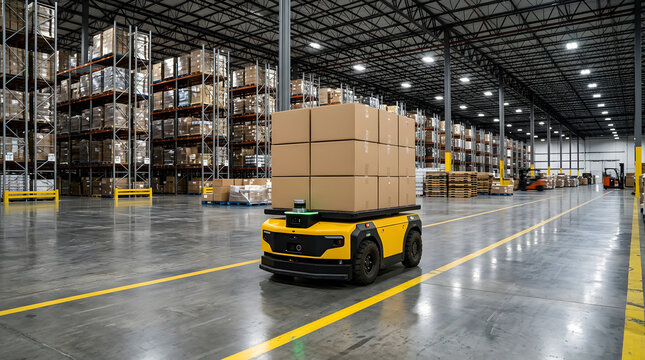 Autonomous industrial robot carrying a tall stack of cardboard boxes through a massive modern warehouse facility with bright overhead lighting