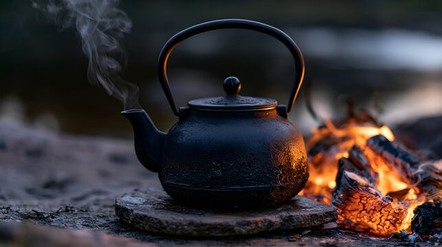 Blackened camp kettle beside the glowing embers of a wood fire