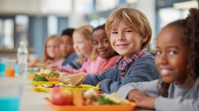 Smiling schoolboy sitting with classmates during a healthy lunch at school, surrounded by colorful meal trays, representing nutrition, friendship, childhood, school life and balanced eating.