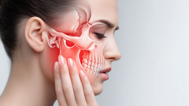 Woman with highlighted facial and jaw anatomy, illustrating temporomandibular joint pain, facial muscles, dental health, anatomy education, and medical care.
