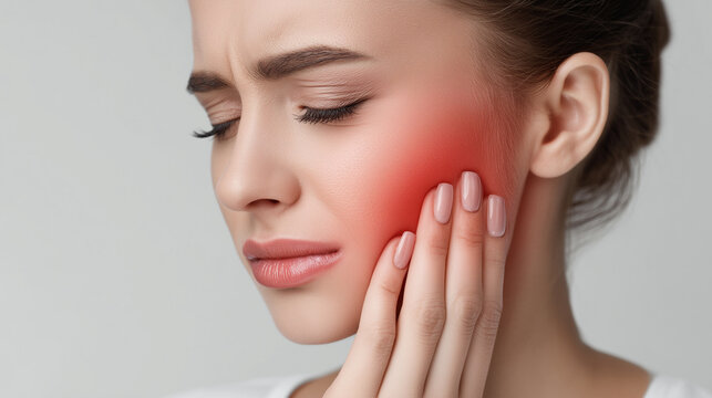 Woman touching a painful cheek with eyes closed, illustrating facial pain, dental discomfort, jaw problems, TMJ symptoms, and healthcare concepts.