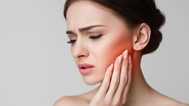 Woman experiencing intense jaw and cheek pain, touching the affected area, illustrating dental discomfort, facial pain, TMJ disorder, and healthcare awareness.