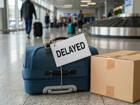 Delayed luggage and package at an airport baggage claim