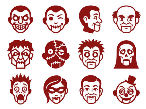 Halloween monster faces icon set with spooky expressions and horror vector illustrations for design projects