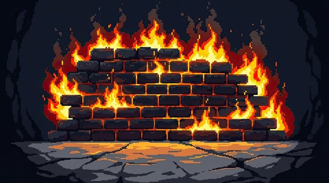 Pixel art stone wall on fire with smoke.
