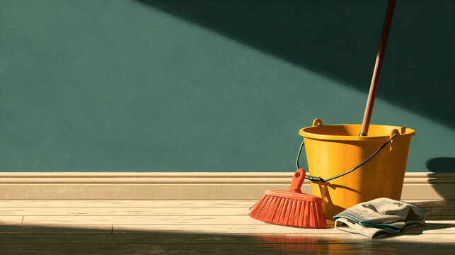 Bold flat illustration of a yellow bucket mop and scrub brush