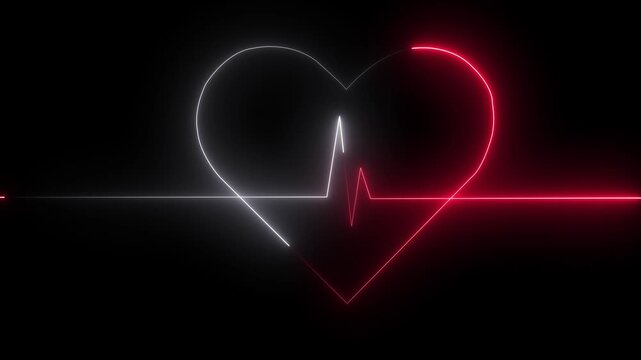 Neon heartbeat ekg line animation: glowing medical pulse rhythm on black background