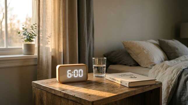 Modern bedroom alarm clock showing 6:00 AM on wooden nightstand with water glass and soft morning light