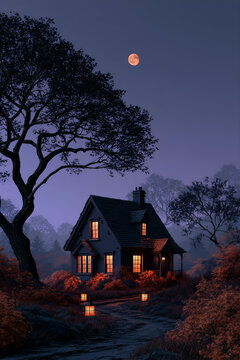 Paper cut illustration of a house at night with glowing lanterns