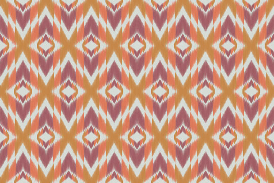 Seamless Ethnic Ikat Geometric Pattern Design with Chevron and Diamond Motifs in Warm Orange and Dusty Rose Tones